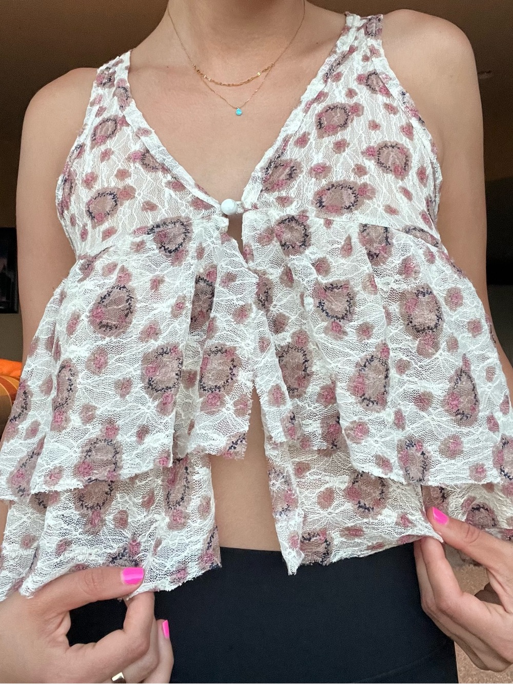 579 Y2K Lace Leopard Print Babydoll Tank Top Boho Fairy Grunge Small Vintage